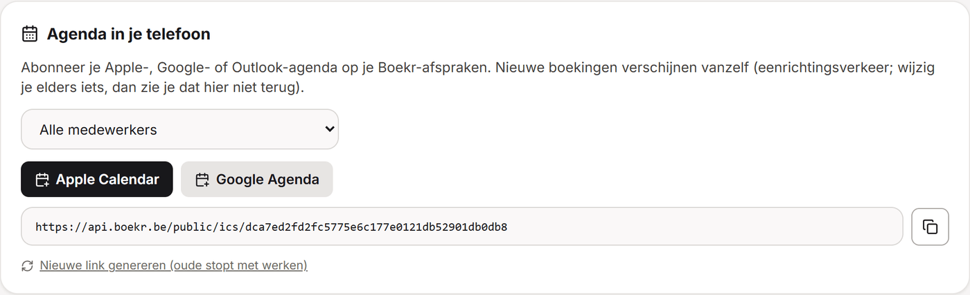 Het onderdeel Agenda in de Boekr-instellingen met knoppen voor Apple Calendar en Google Agenda en een link om te kopiëren