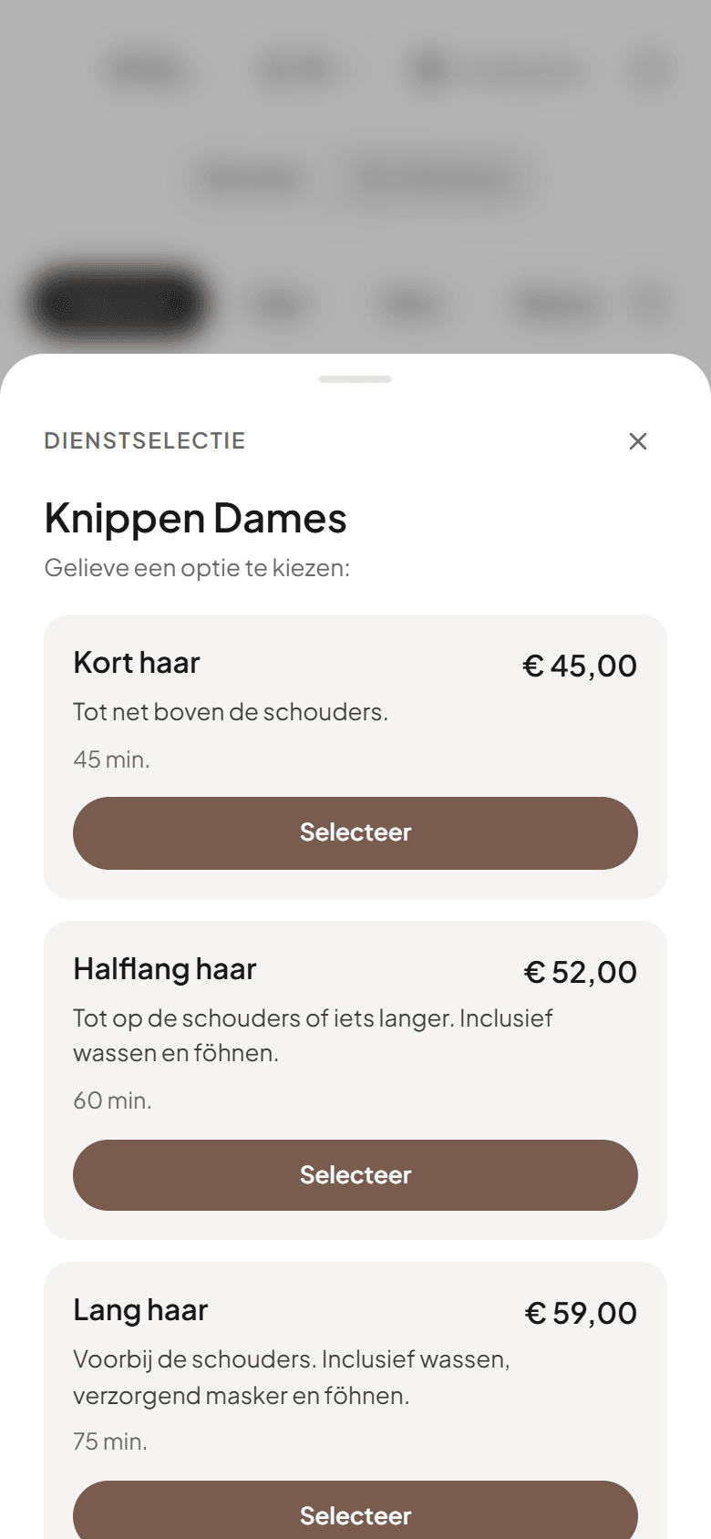Het keuzevenster op de boekingspagina waarin de klant een optie van de behandeling selecteert