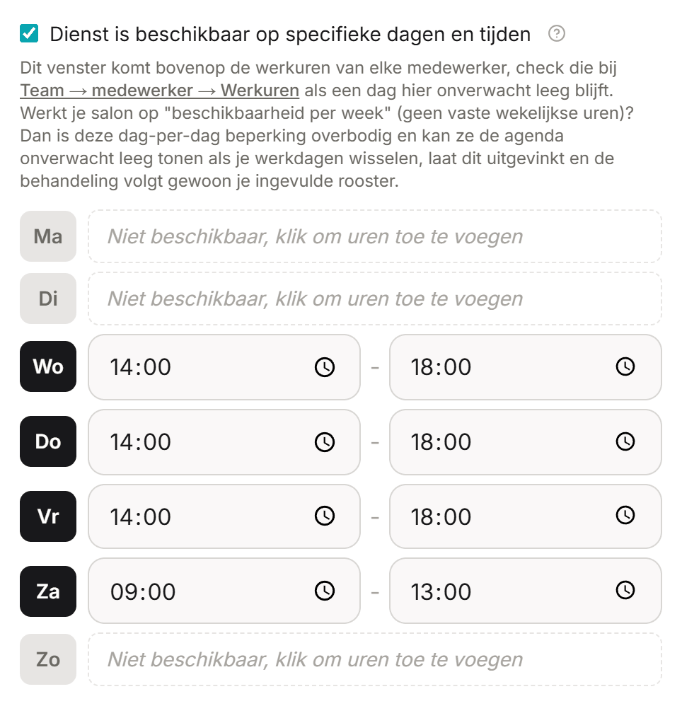 Het tabblad Instellingen van een behandeling met het vinkje voor specifieke dagen en tijden en een venster per weekdag