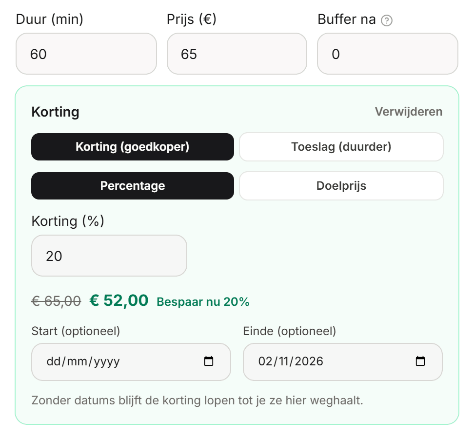 De kaart Korting in de behandelingseditor met percentage, start- en einddatum en een voorbeeld van de nieuwe prijs