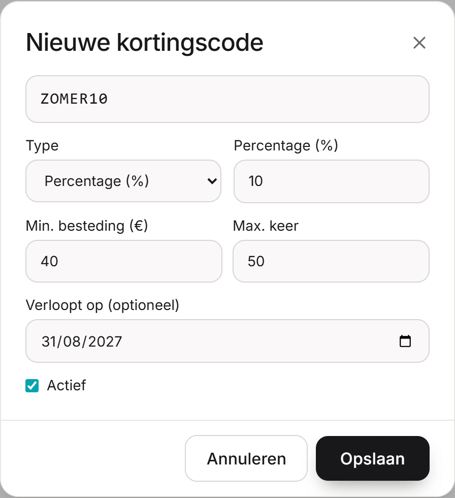 Het venster Nieuwe kortingscode in Boekr met code, type, minimumbesteding, maximum aantal en vervaldatum