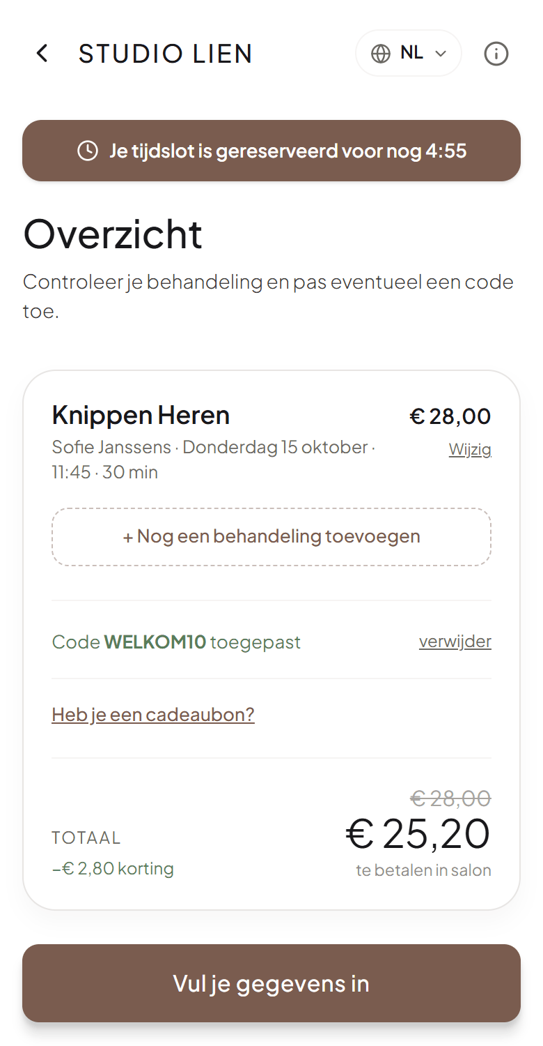 Invulveld voor een kortingscode in het overzicht van een Boekr-boekingspagina