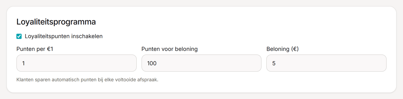 Het onderdeel Loyaliteit in de Boekr-instellingen met de velden punten per euro, punten voor beloning en beloning in euro