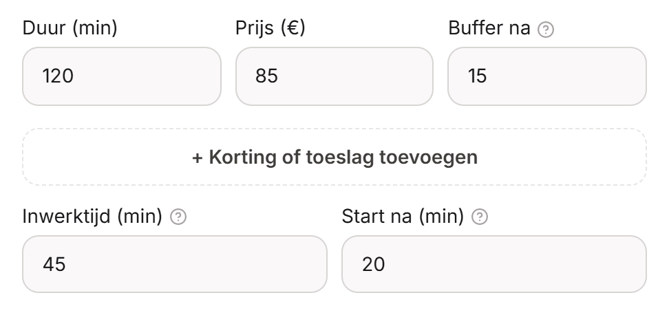 De velden Duur, Inwerktijd en Start na in de behandelingseditor van een kleuring